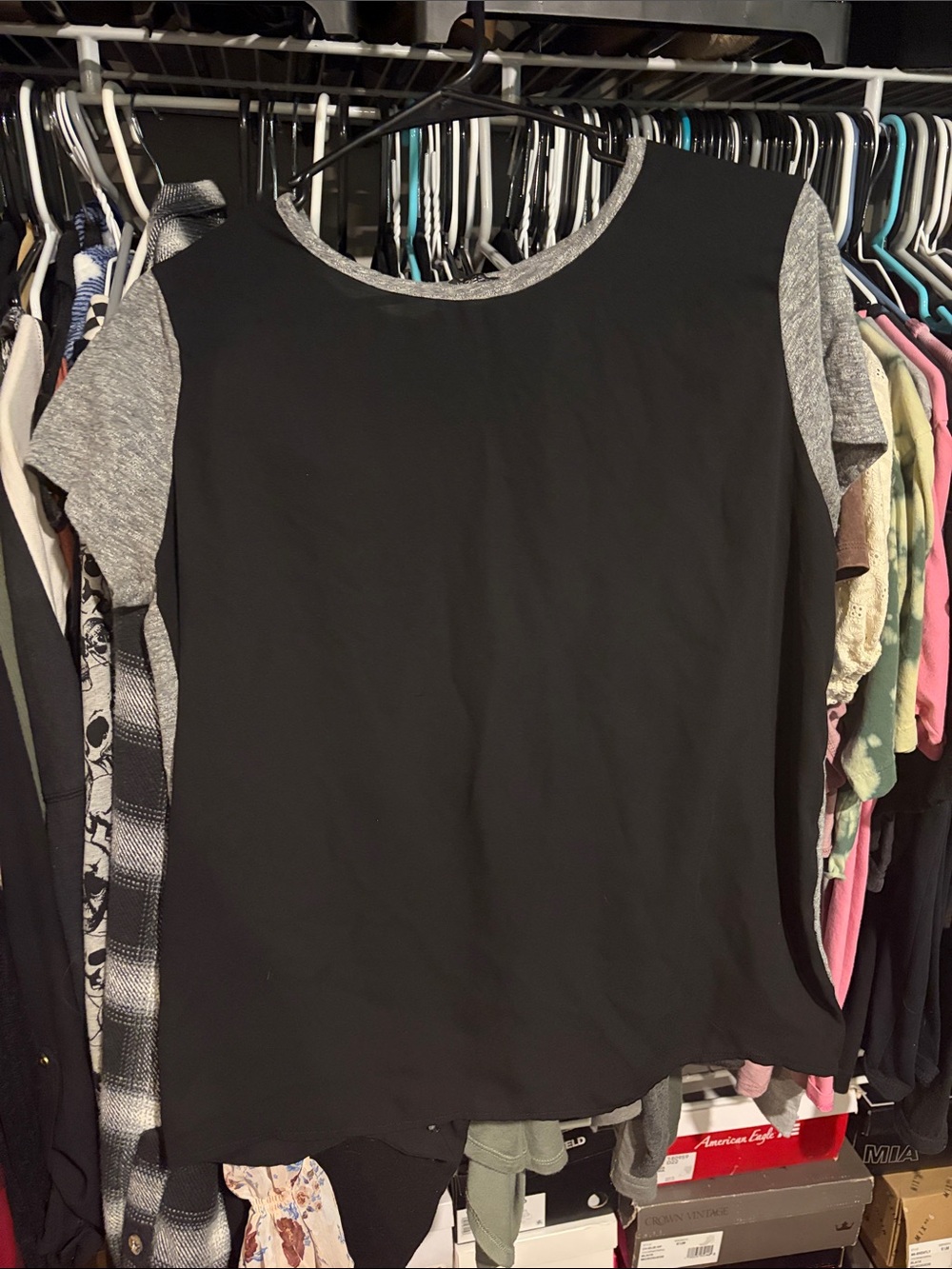 Black Short Sleeve Crewneck Top with Heather Gray Accents